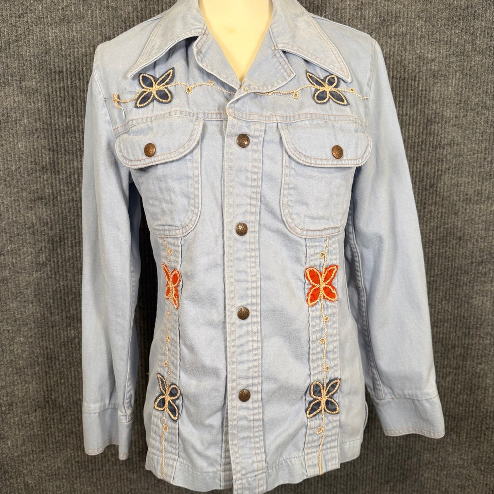 Vintage 70s Gaslight Gamblers Denim Jacket S Embroidered Floral Hippie Western